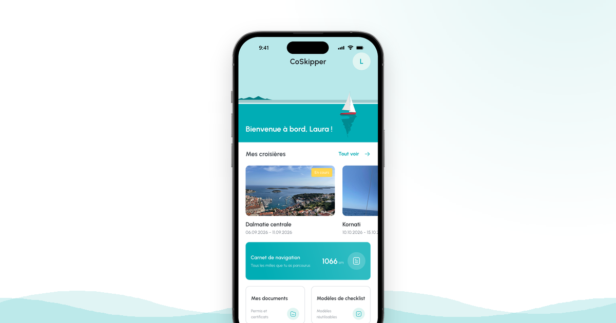 Écran CoSkipper : le briefing de la croisière avec le widget d'affaires et le compte à rebours jusqu'au départ