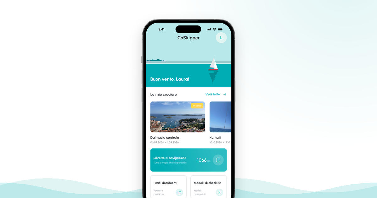 Schermata di CoSkipper: il briefing della crociera con il widget bagagli e il conto alla rovescia fino alla partenza