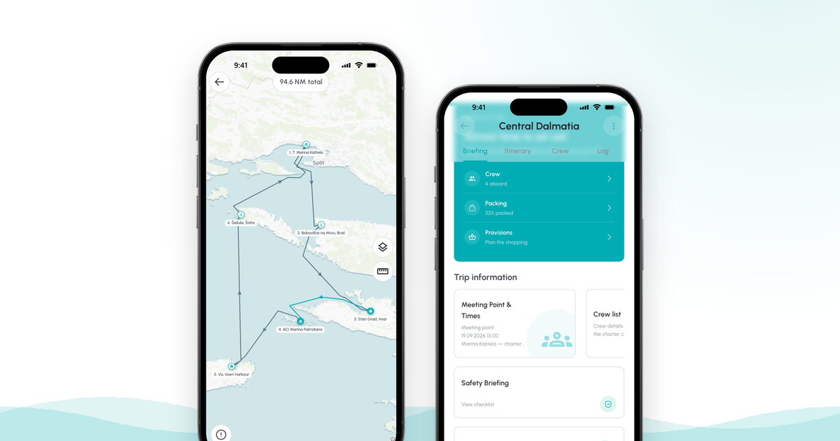 Two CoSkipper screens: the planned route on the chart and a voyage's crew list