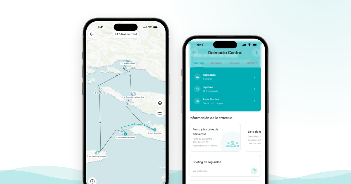 Dos pantallas de CoSkipper: la ruta planificada en la carta y la lista de tripulación de una travesía