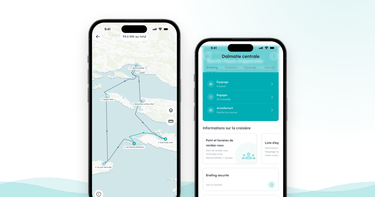 Deux écrans CoSkipper : l'itinéraire planifié sur la carte et la liste d'équipage d'une croisière