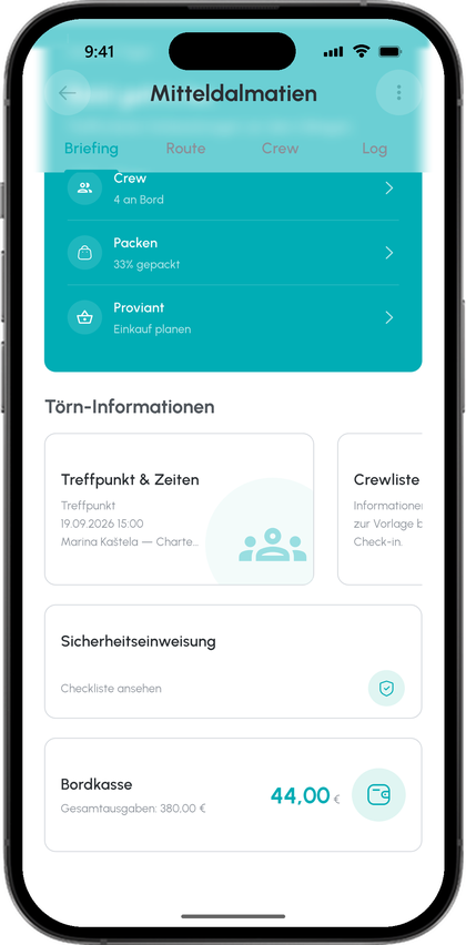 Crew-Tab des Törns: vier an Bord, Packliste zu 33 % gepackt, Proviant, Treffpunkt und Zeiten, Crewliste, Sicherheitseinweisung und Bordkasse mit 44 Euro