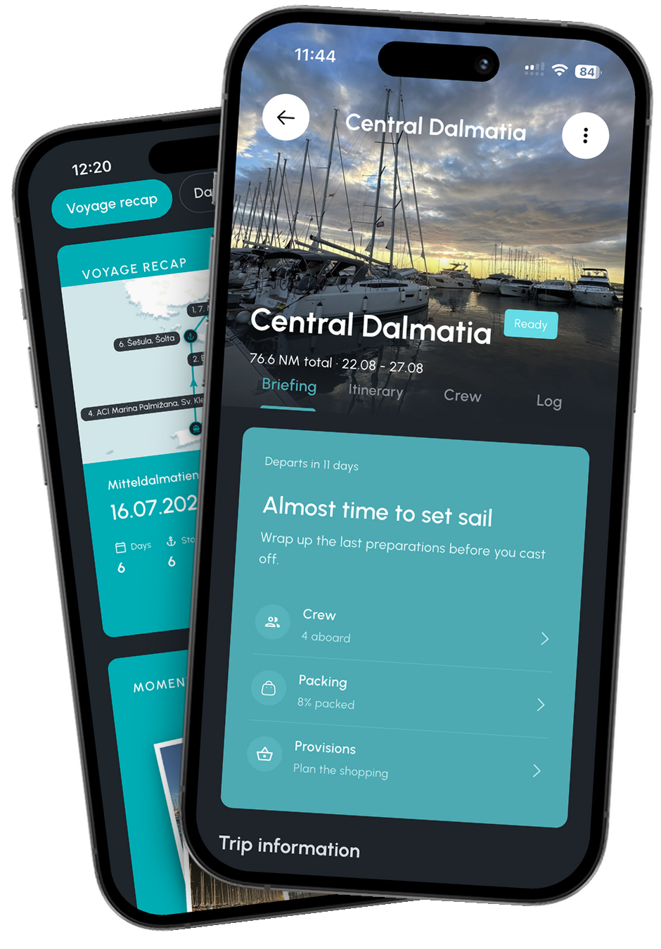 App CoSkipper: el briefing del crucero con la cuenta atrás hasta la salida y el estado de tripulación, equipaje y provisiones, delante del resumen del crucero con la ruta navegada en el mapa