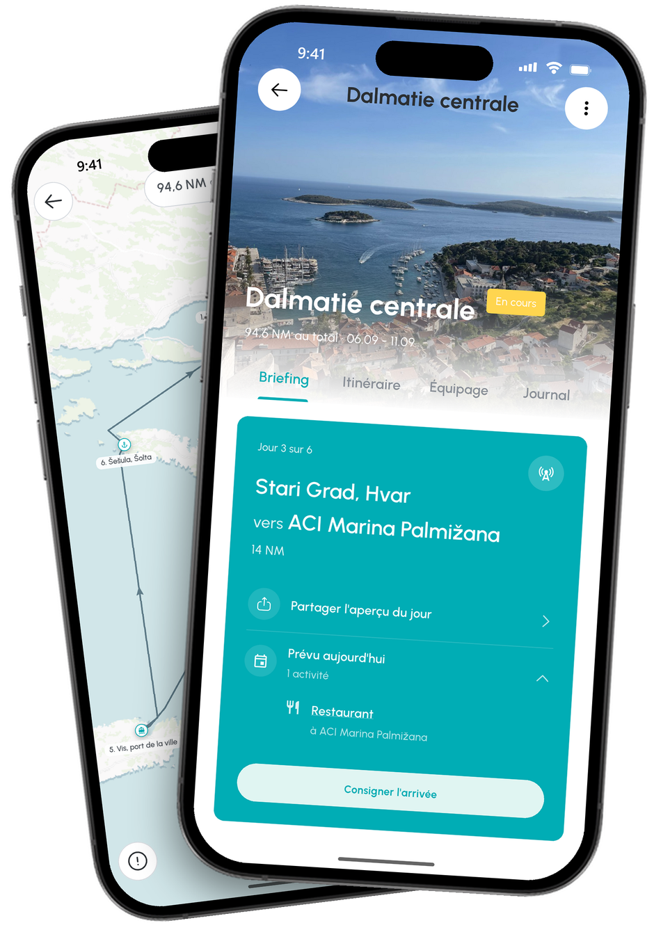 Application CoSkipper : le briefing de croisière avec le compte à rebours avant le départ et l'état de l'équipage, des bagages et de l'avitaillement, devant le récap de croisière avec l'itinéraire parcouru sur la carte