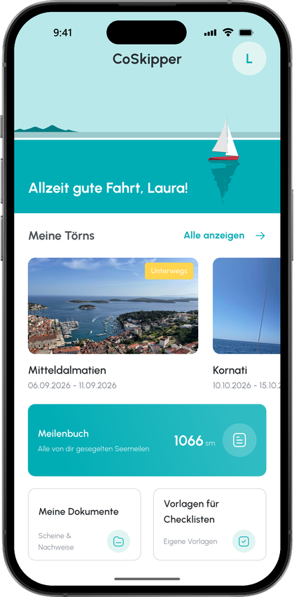 Startseite mit Begrüßung, den Törns Central Dalmatia und Kornati, dem Meilenlog mit 1066 Seemeilen, eigenen Dokumenten und Checklisten-Vorlagen