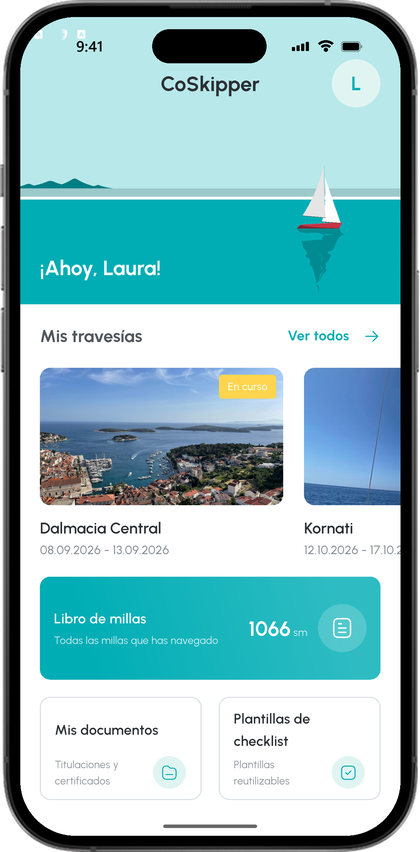 Pantalla de inicio con bienvenida, las travesías Central Dalmatia y Kornati, el registro de millas con 1066 millas náuticas, documentos personales y plantillas de listas