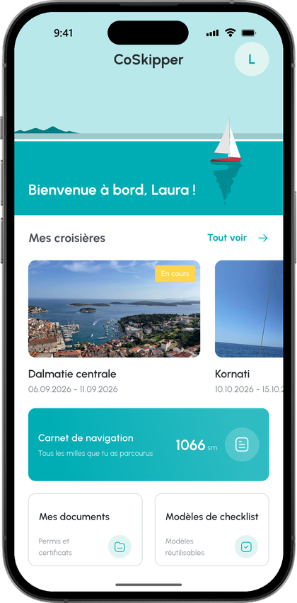 Écran d'accueil avec le message de bienvenue, les croisières Central Dalmatia et Kornati, le journal des milles avec 1066 milles nautiques, les documents personnels et les modèles de listes