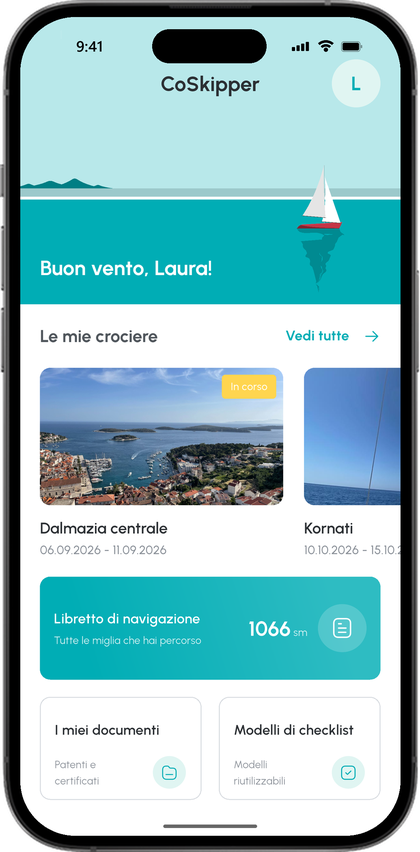 Schermata iniziale con il benvenuto, le crociere Central Dalmatia e Kornati, il registro delle miglia con 1066 miglia nautiche, i documenti personali e i modelli di checklist