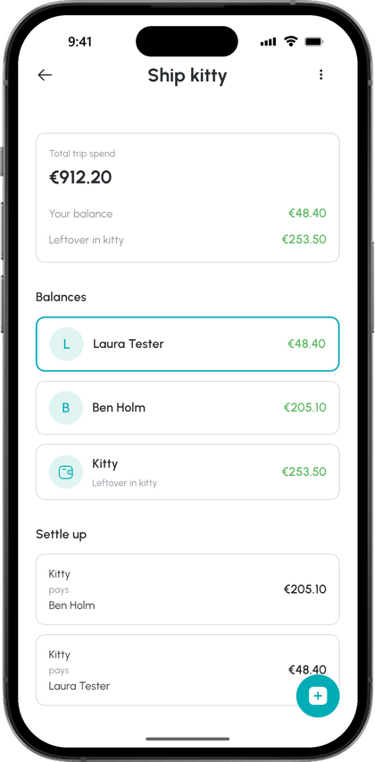 The ship's kitty of the ongoing trip in the app: total spend, your balance and the leftover in the kitty, below that the balances of Laura and Ben and the kitty itself, then the settle-up with what the kitty pays out to each of them