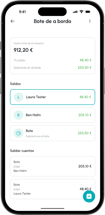 El bote de a bordo de la travesía en curso en la app: gastos totales, tu saldo y el saldo restante del bote, debajo los saldos de Laura y Ben y el propio bote, y después la liquidación con lo que el bote paga a cada uno