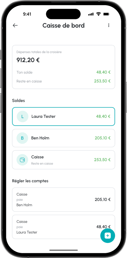 La caisse de bord de la croisière en cours dans l'app : dépenses totales, ton solde et le reliquat de la caisse, en dessous les soldes de Laura et Ben et la caisse elle-même, puis le règlement avec ce que la caisse verse à chacun