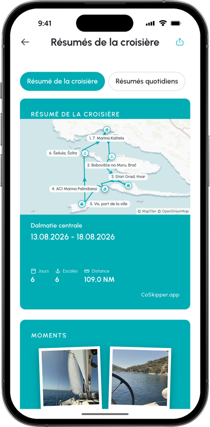 Résumé de la croisière Central Dalmatia avec la route parcourue sur la carte, six jours, six escales, 109 milles nautiques et les photos des moments