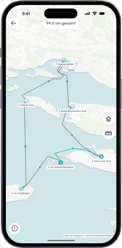 Routenkarte Mitteldalmatien mit sechs Etappen von Split über Šolta, Hvar und Vis, insgesamt 94,6 Seemeilen