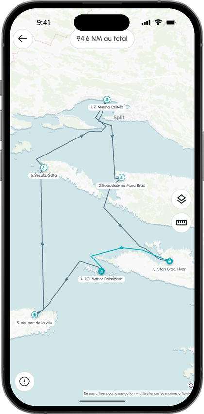 Carte de l'itinéraire en Dalmatie centrale avec six étapes de Split via Šolta, Hvar et Vis, 94,6 milles au total