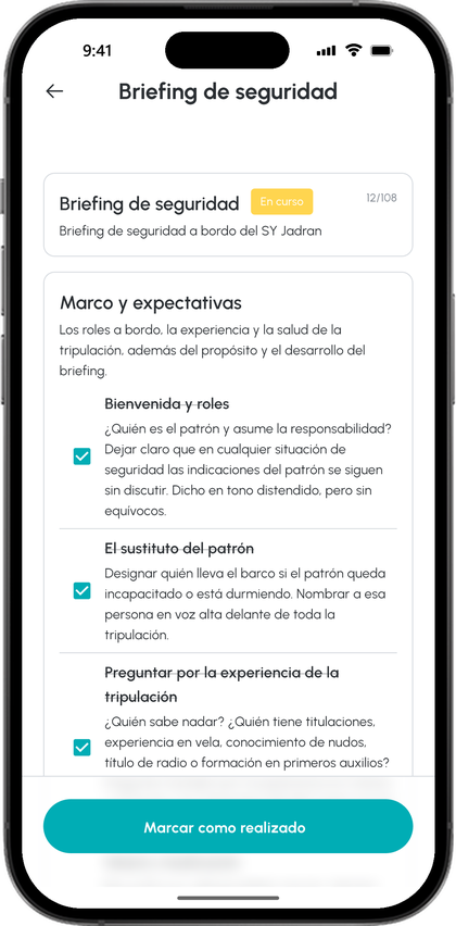 Checklist del briefing de seguridad de la travesía en curso, en el primer tema Marco y expectativas están marcados bienvenida y roles, el sustituto del patrón y la experiencia de la tripulación