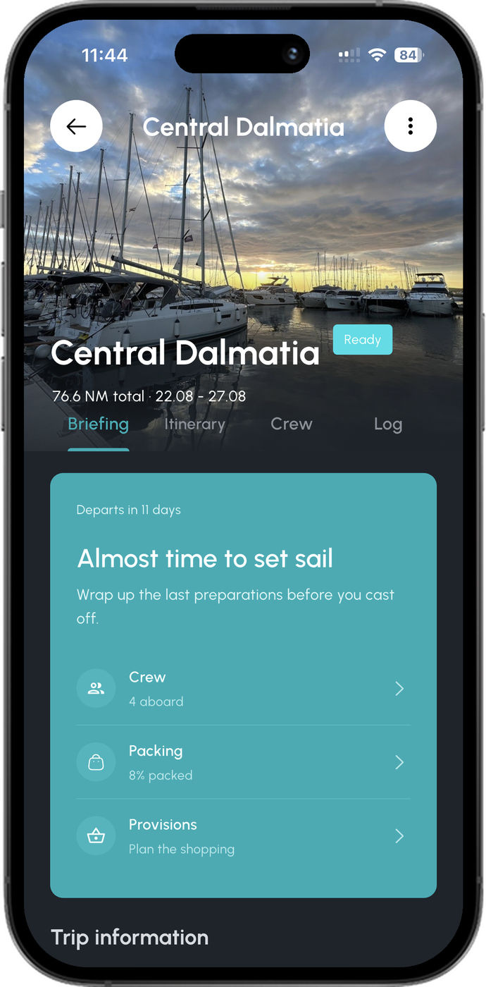 Pantalla de briefing del crucero con cuenta atrás para zarpar y el estado de tripulación, equipaje y avituallamiento