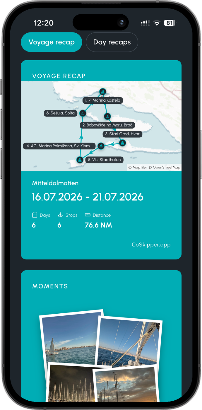 Tarjeta de resumen del crucero con la ruta navegada en el mapa, seis días, seis escalas, 76,6 millas náuticas y una pila de fotos de la tripulación