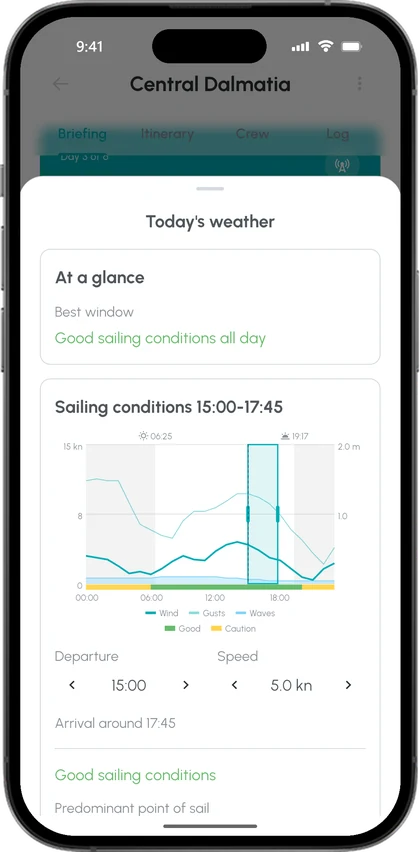 The weather briefing in CoSkipper with wind strength, gusts and the best window to cast off