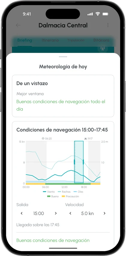 El briefing meteorológico de CoSkipper con la fuerza del viento, las rachas y la mejor ventana para zarpar