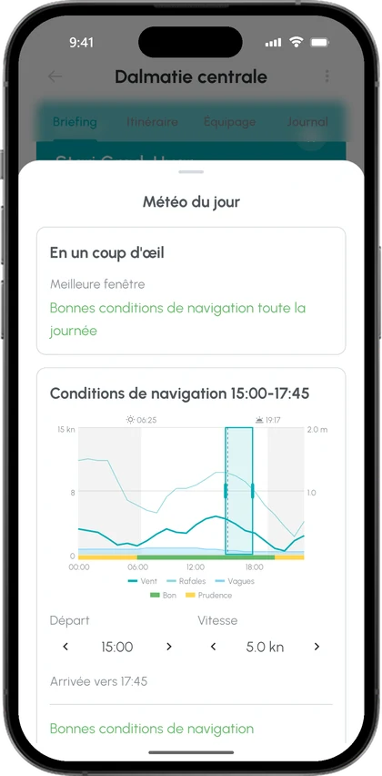 Le briefing météo de CoSkipper avec la force du vent, les rafales et la meilleure fenêtre pour appareiller